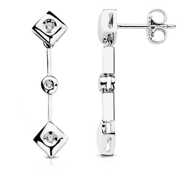 18K PENDIENTES ORO BLANCO DIAMANTES TALLA BRILLANTE 0.10 QTS. 28X7 MM