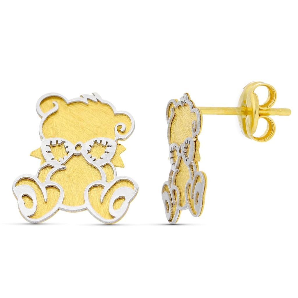 18K PENDIENTES ORO BICOLOR LASER OSO. 10X8 MM