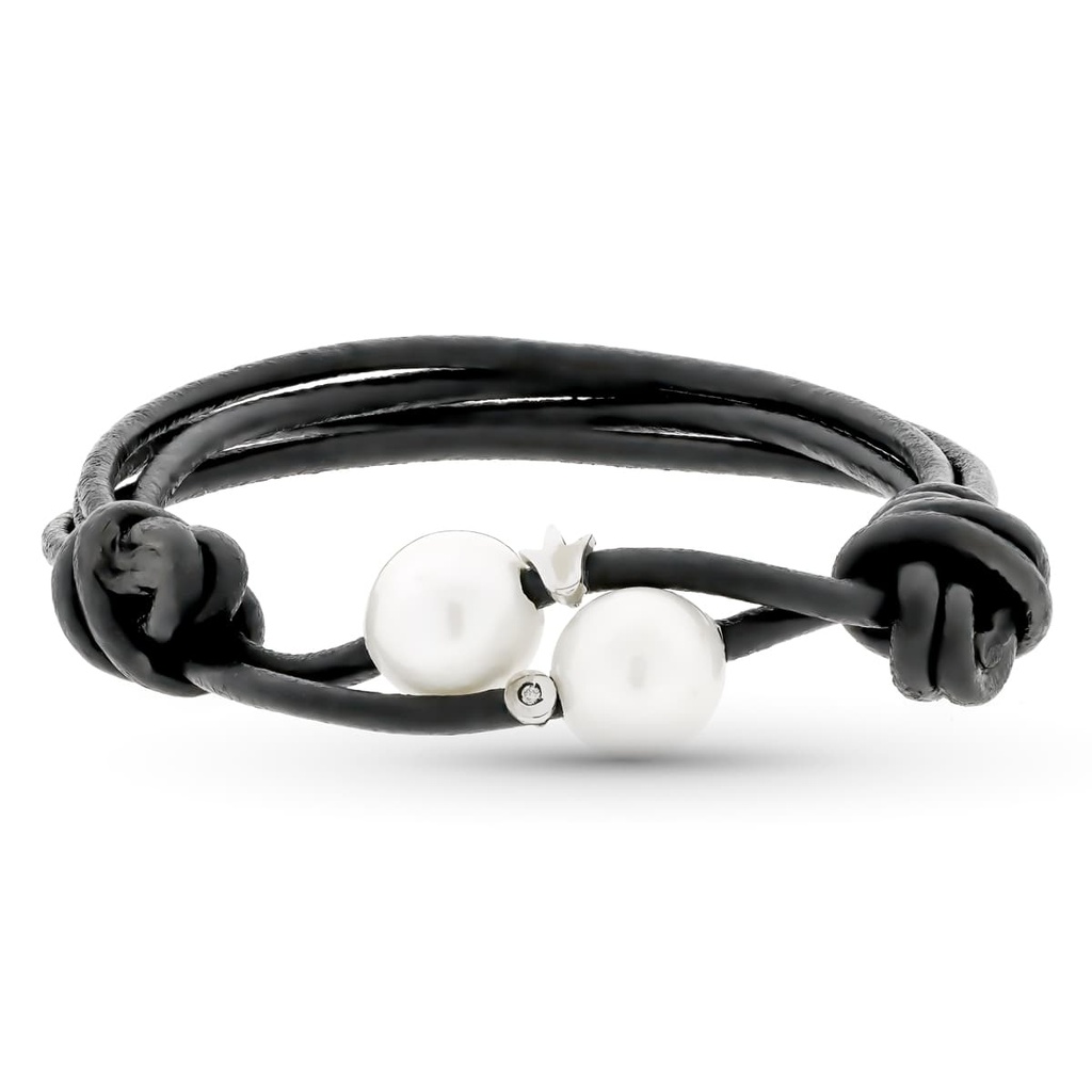 18K PULSERA CUERO PERLA Y DIAMANTES TALLA BRILLANTE