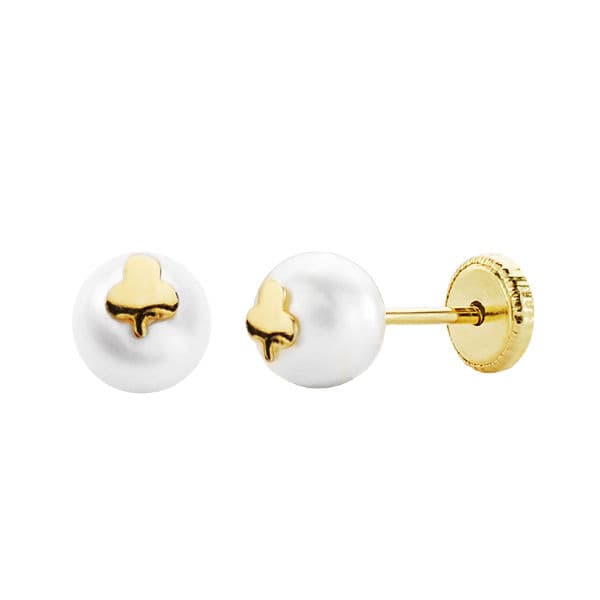 18K PENDIENTES ORO AMARILLO TREBOL Y PERLA 6 MM ROSCA