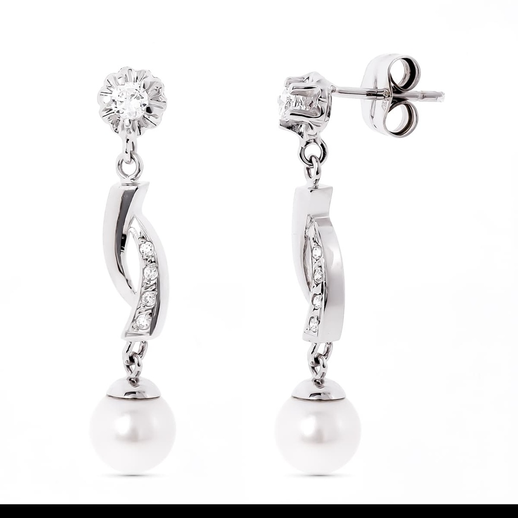 18K PENDIENTES ORO BLANCO Y PERLA CON GARRA DE CIRCONITA