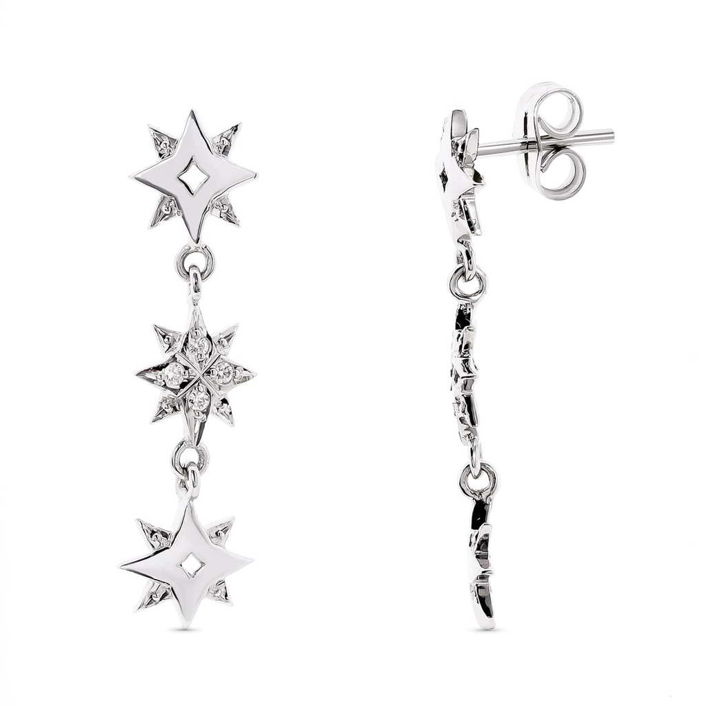 18K PENDIENTES ORO BLANCO ESTRELLAS Y CIRCONITAS 28X6 MM CIERRE PRESION