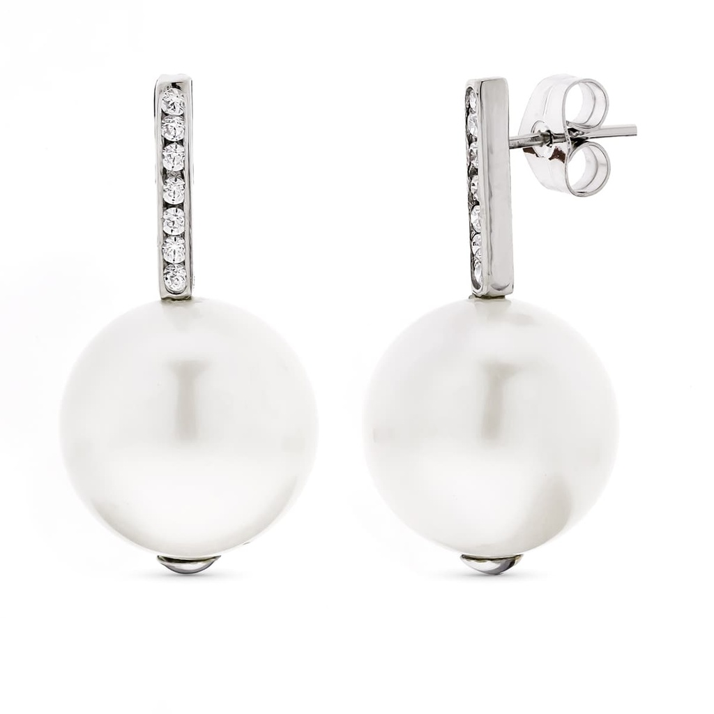 18K PENDIENTES ORO BLANCO LARGOS PERLA 14 MM Y CIRCONITAS