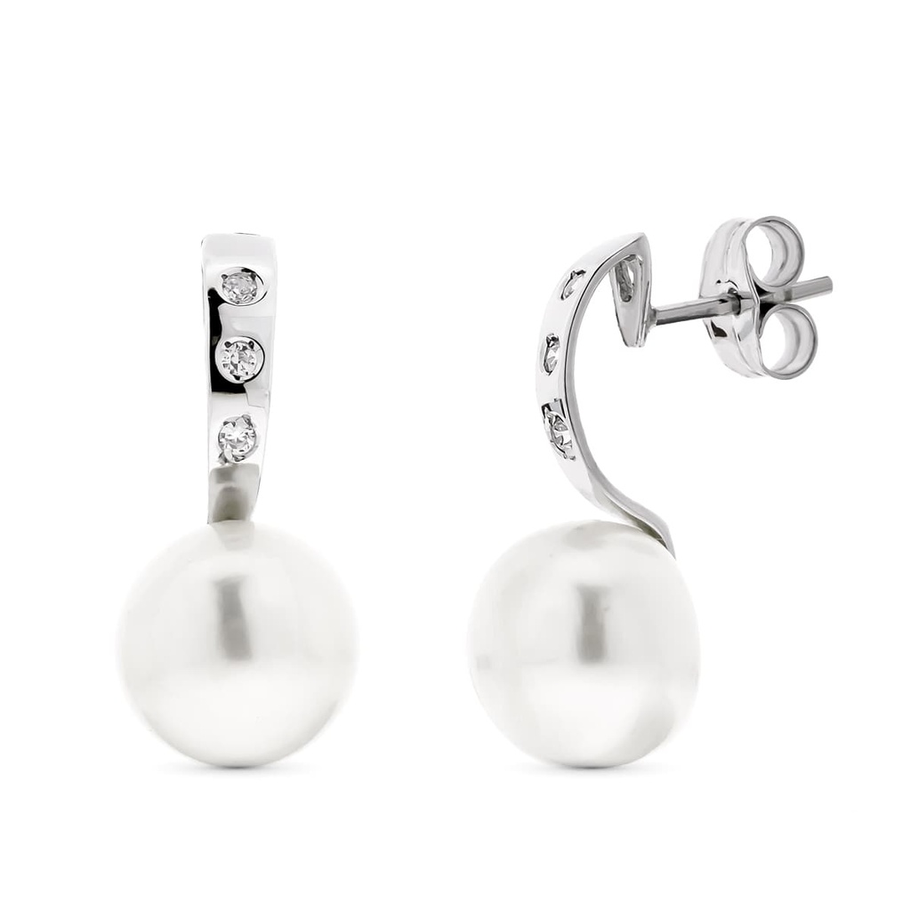 18K PENDIENTES ORO BLANCO PERLA BOTON Y CIRCONITAS