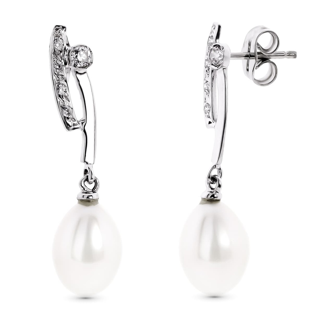 18K PENDIENTES ORO BLANCO LARGOS CON CIRCONITAS Y PERLA CIERRE PRESION