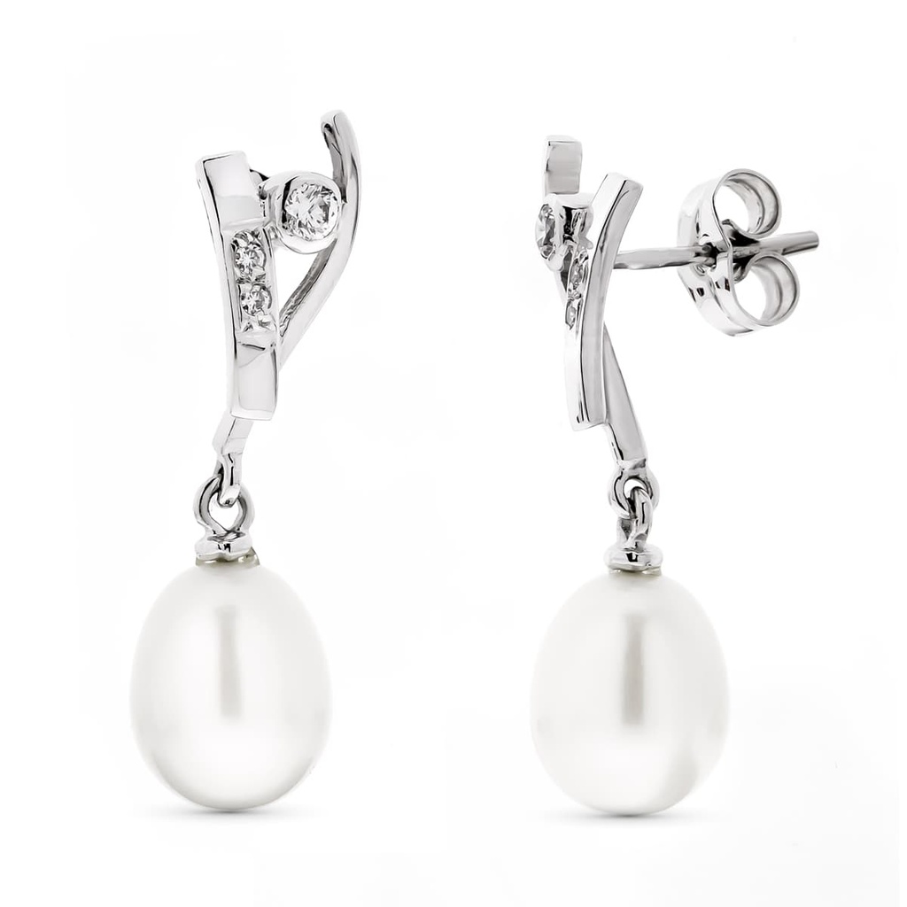 18K PENDIENTES ORO BLANCO LARGOS PERLA PERA Y CIRCONITAS