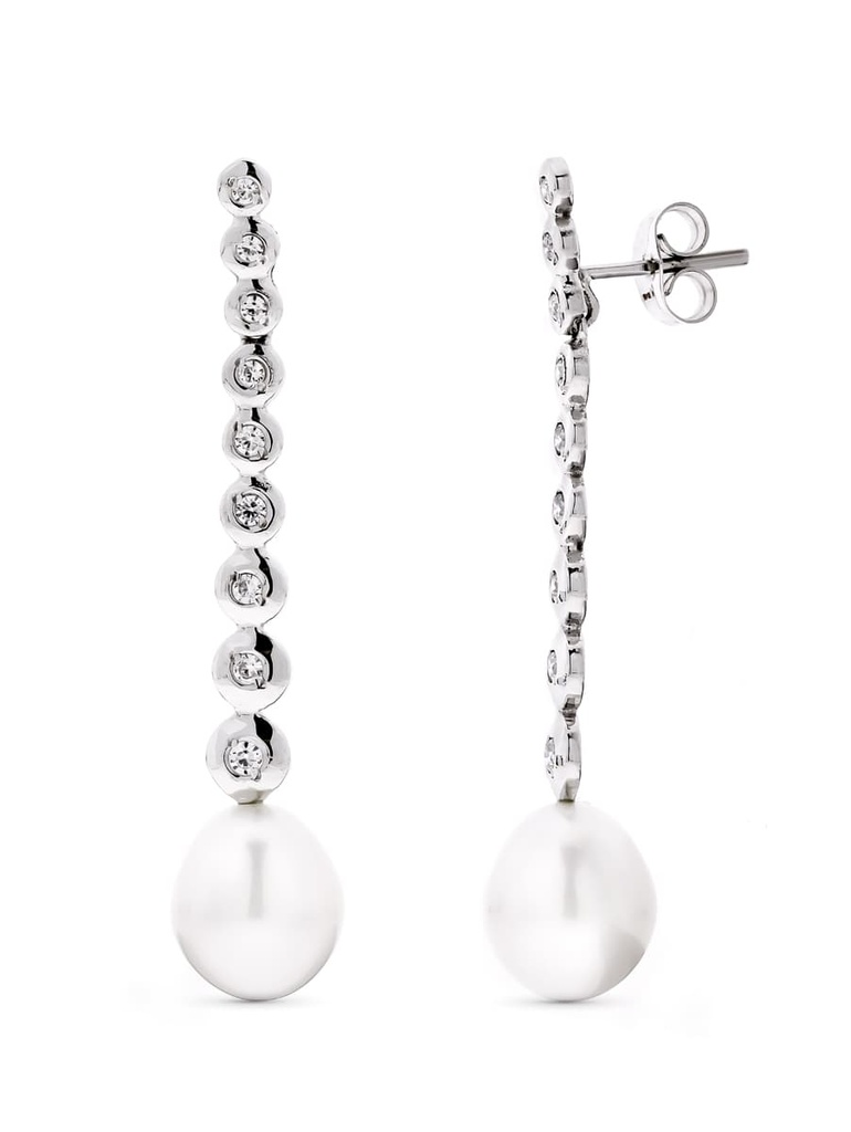18K PENDIENTES ORO BLANCO LARGOS PERLA PERA Y CIRCONITAS