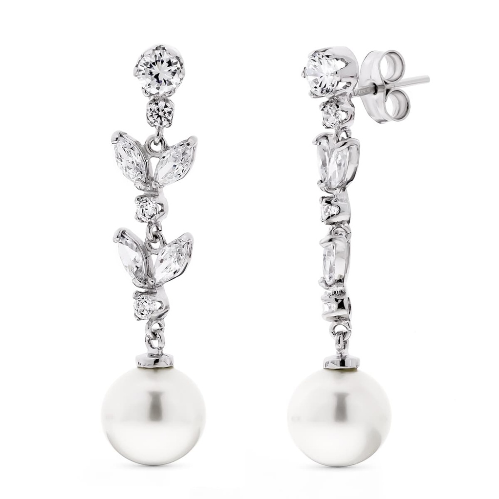 18K PENDIENTES ORO BLANCO LARGOS PERLA 9 9.5 MM Y CIRCONITAS