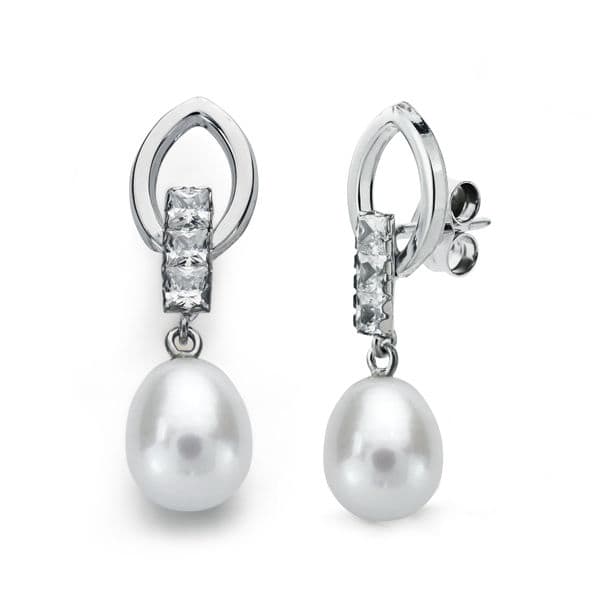 18K PENDIENTES LARGOS ORO BLANCO PERLA Y CIRCONITAS PRESION