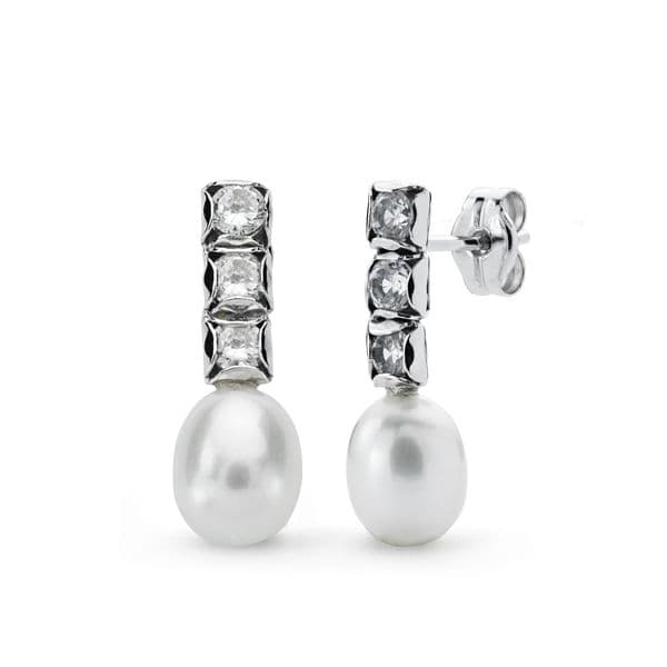 18K PENDIENTES PERLA Y CIRCONITAS ORO BLANCO 16X6 MM