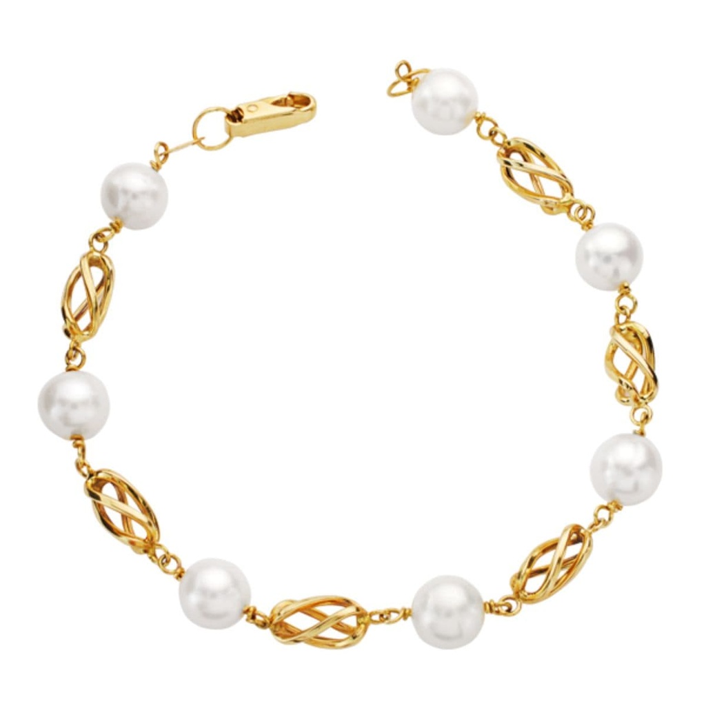 18K PULSERA ORO AMARILLO PERLA REDONDAS DE 8.5 MM Y JAULAS DE ORO 19 CM