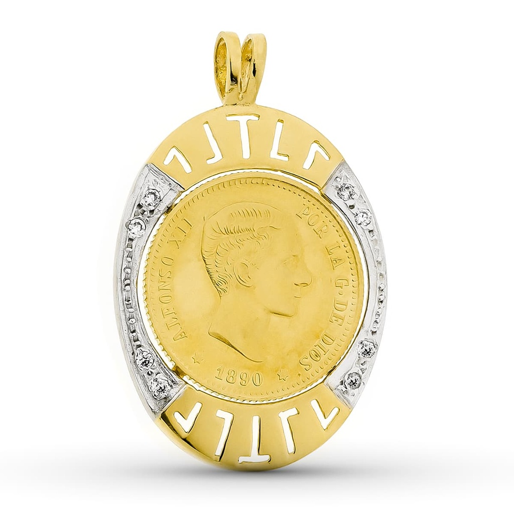 18K COLGANTE ORO BICOLOR MONEDA CON CIRCONITAS 37X24 MM
