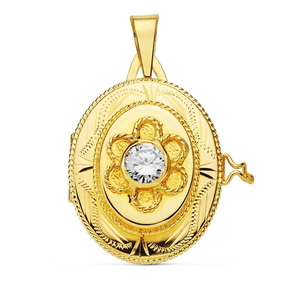 18K GUARDAPELO DIJE PORTAFOTOS OVAL TALLADO FLOR 26X21 MM