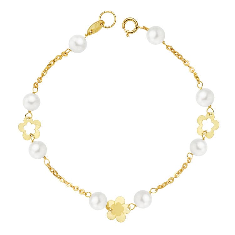18K PULSERA PERLA Y FLORES 17 CM