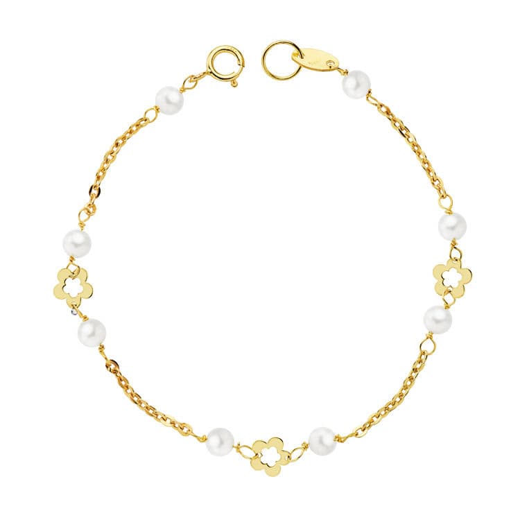 18K PULSERA PERLA 3.5 MM Y FLORES 15 CM