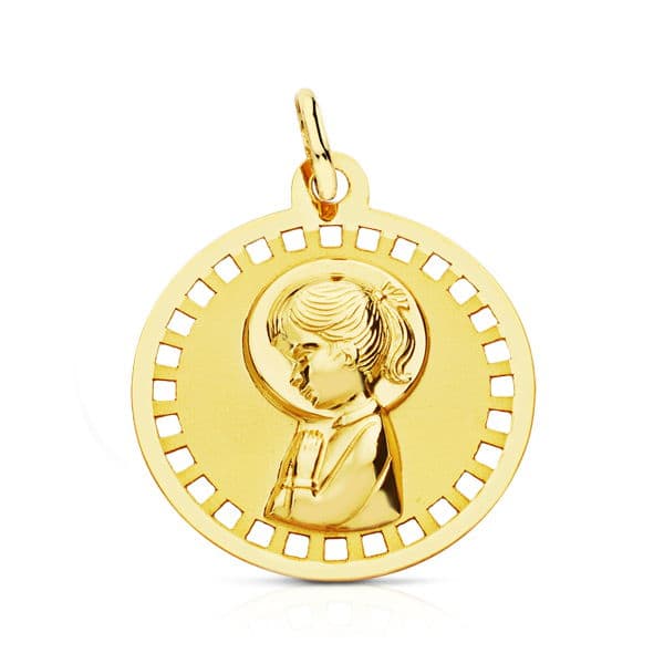 18K MEDALLA VIRGEN NIÑA REDONDA CALADA 18 MM