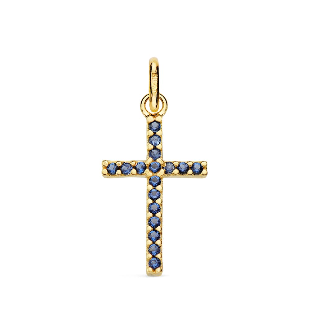 18K CRUZ ORO AMARILLO PIEDRAS AZULES 16X10 MM