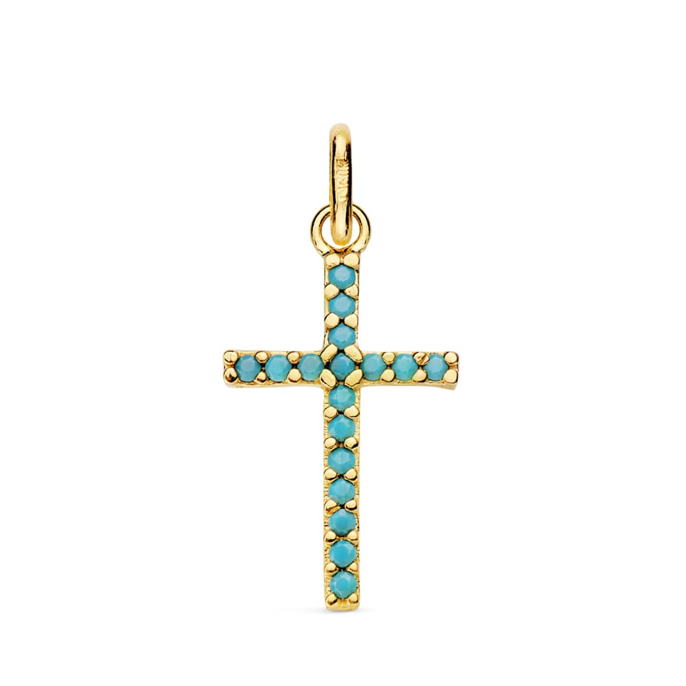 18K CRUZ ORO AMARILLO PIEDRAS TURQUESAS 16X10 MM