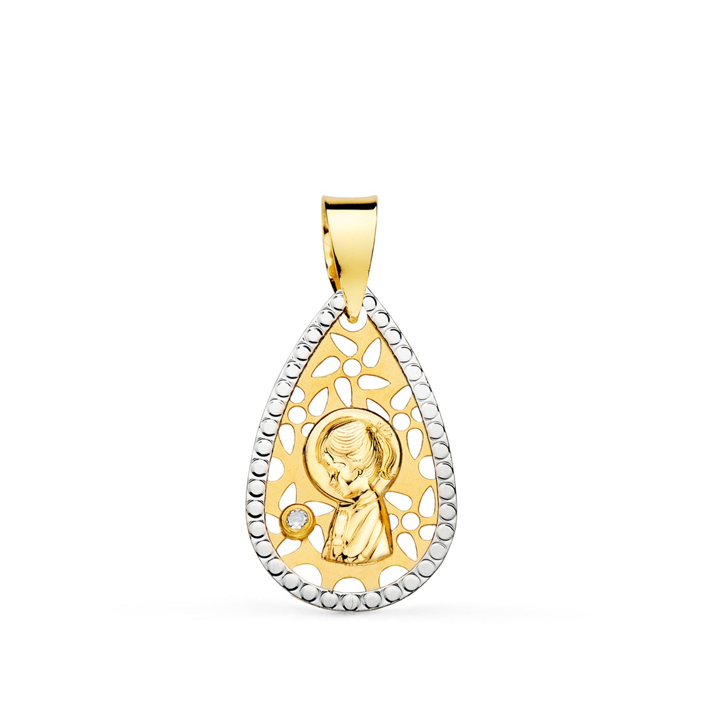 18K MEDALLA ORO BICOLOR VIRGEN NIÑA CALADA BORDES TALLADOS 19X12 MM