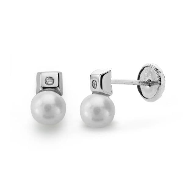 18K PENDIENTES ORO BLANCO PERLA Y DIAMANTES TALLA BRILLANTE 0.02  QTS.