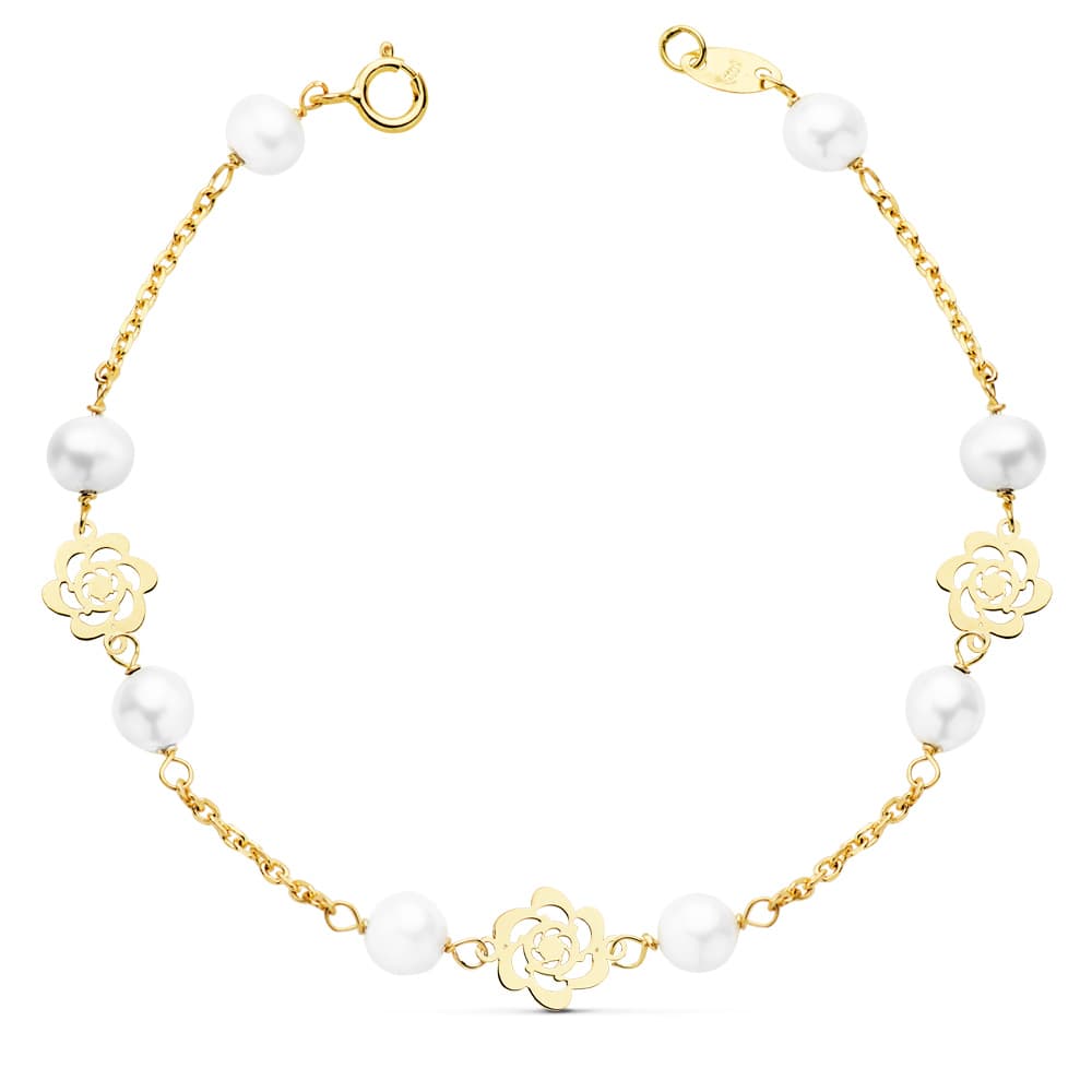 18K PULSERA ORO AMARILLO COMUNION FLORES CALADAS Y PERLA 3 MM 17 CM