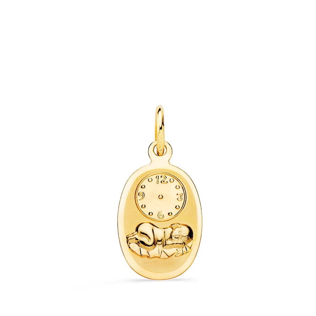18K MEDALLA OVAL NIÑO DE LA HORA CON RELOJ BRILLO Y MATE 18X10 MM
