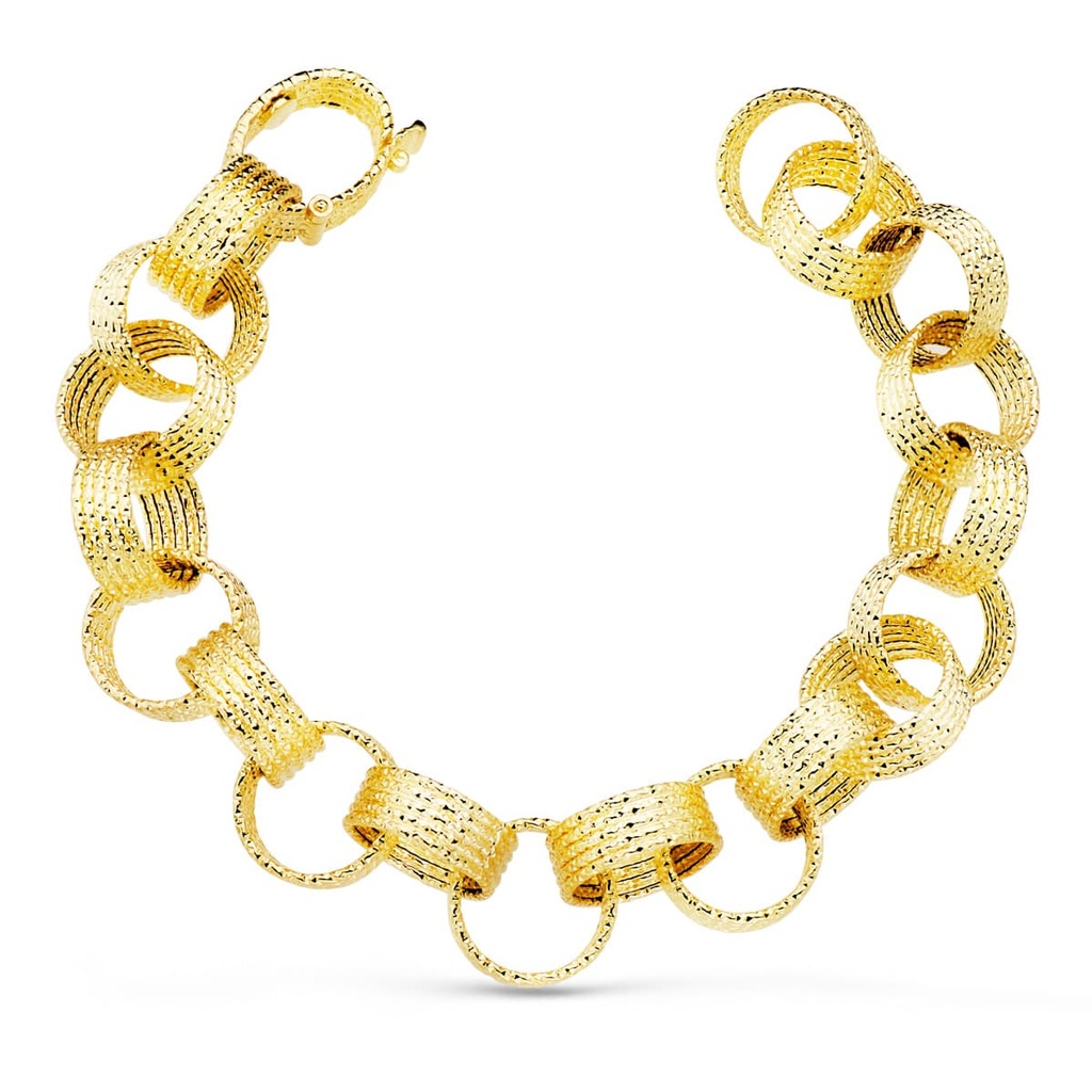 18K PULSERA ORO AMARILLO ESLABONES REDONDOS HUECOS ANCHO 12 MM LARGO 20 CM