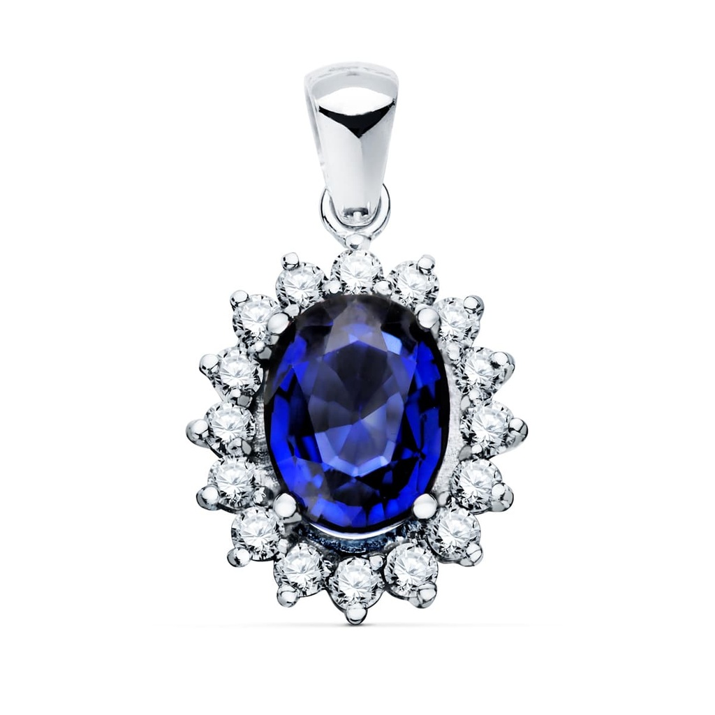 18K COLGANTE ORO BLANCO ZAFIRO 2.47 QT. 16 DIAMANTES 0.42 QTS. SI-H. 14X12 MM