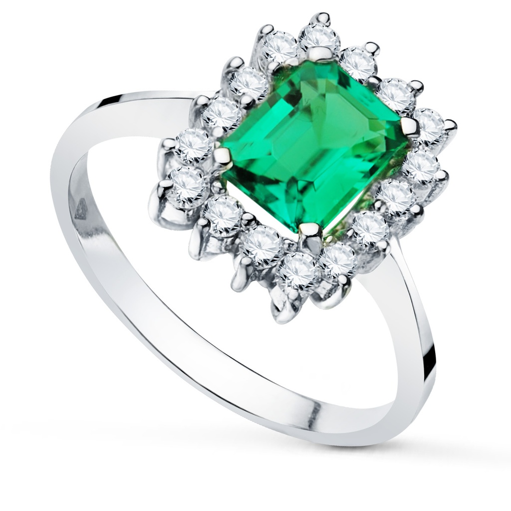 18K SORTIJA ORO BLANCO ESMERALDA 1.50QT DIAMANTES TALLA BRILLANTE 0.56QT