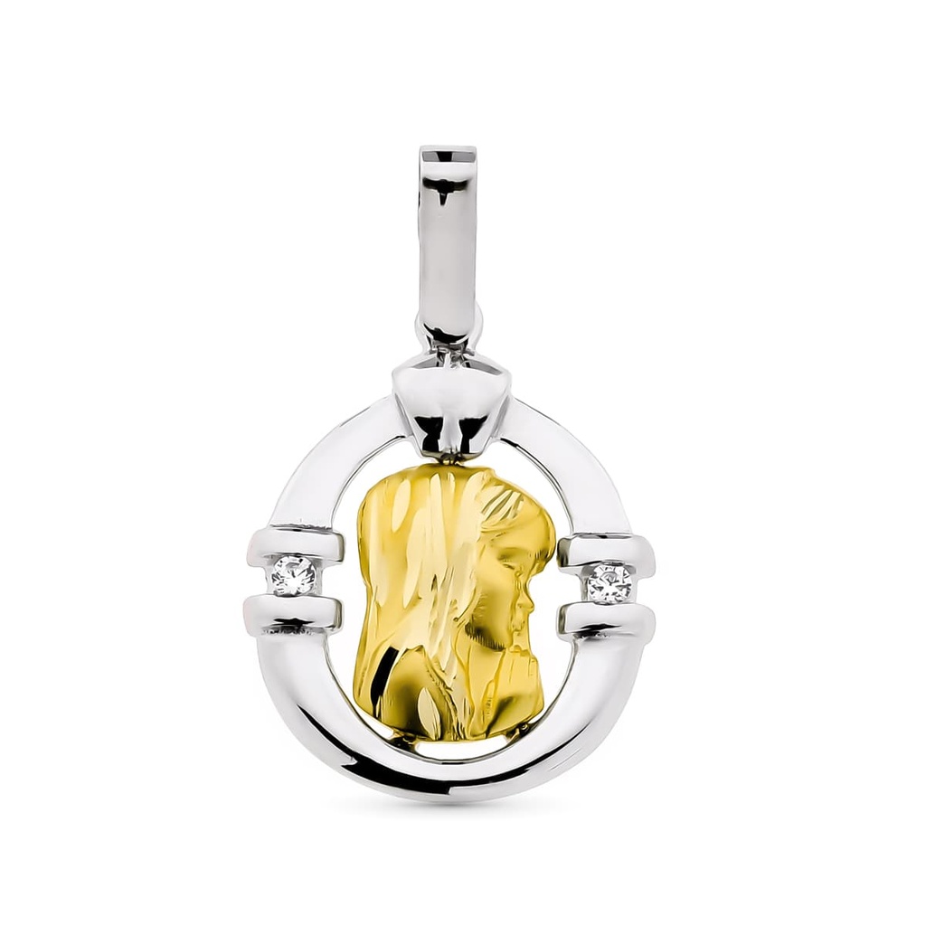 18K VIRGEN NIÑA BICOLOR DIAMANTES TALLA BRILLANTE 0.036 QTS.