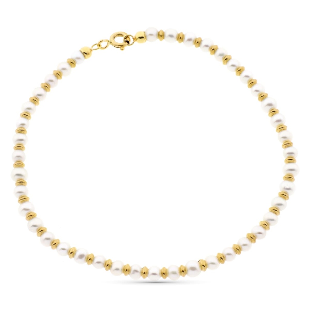 18K PULSERA ORO AMARILLO PERLA 3 MM Y ANILLAS BRILLO 19 CM