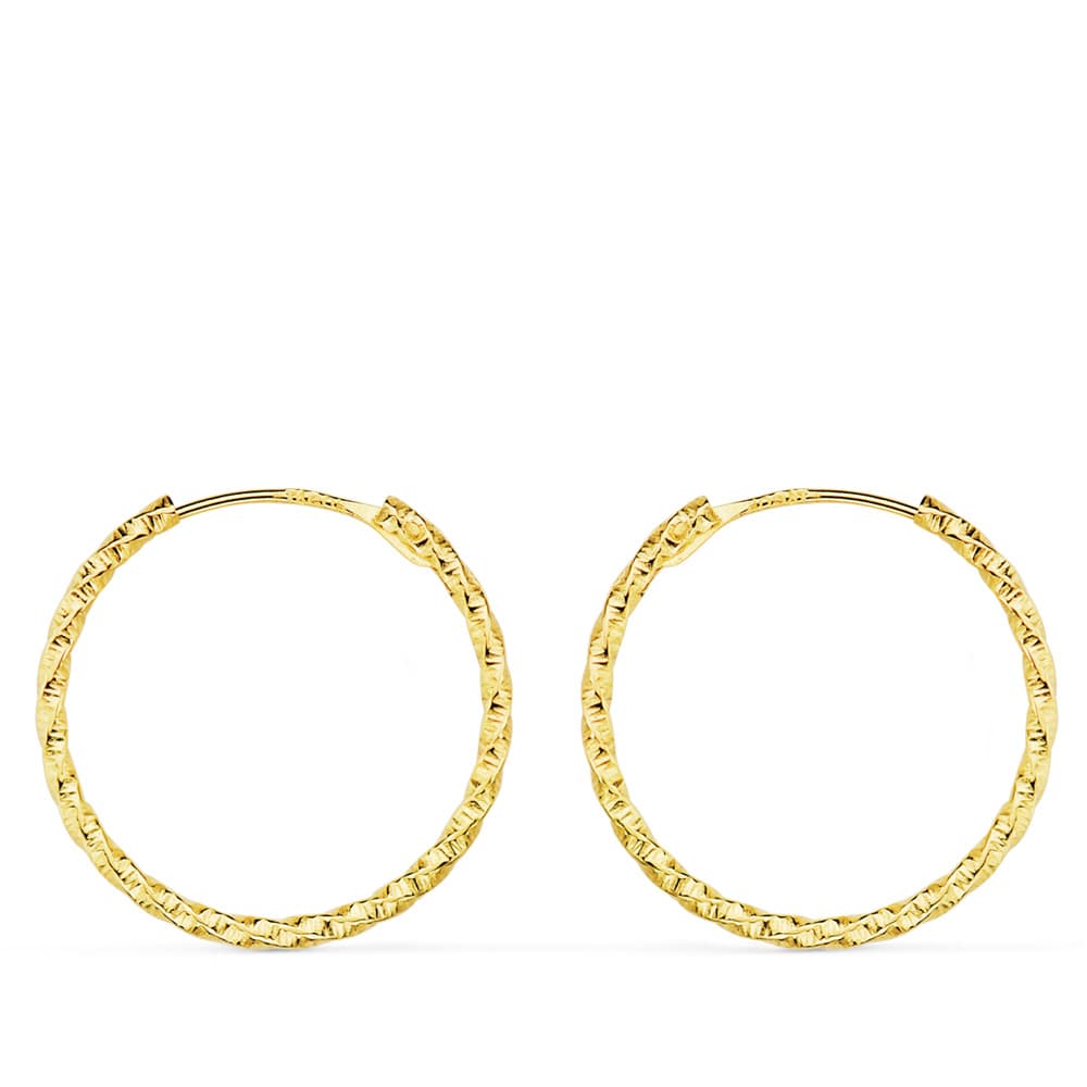 18K AROS ORO AMARILLO HUECOS RETORCIDOS CON TALLADO 18X1.30 MM