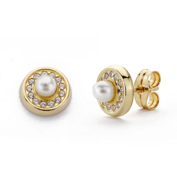 18K PENDIENTES ORO AMARILLO PERLA 3 MM CIRCONITAS PRESION