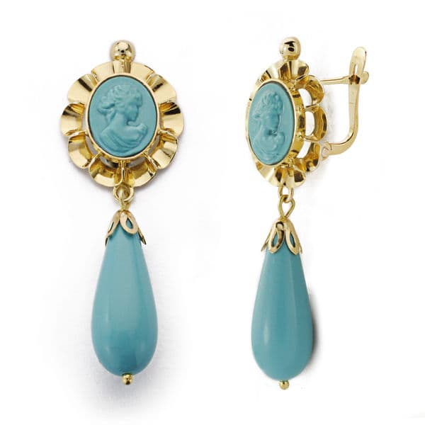 18K PENDIENTES CAMAFEO TURQUESA 43X14 MM