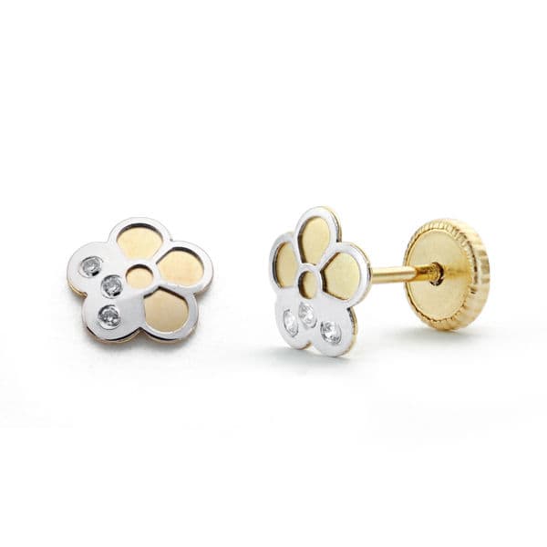 18K PENDIENTES ORO BICOLOR FLOR CIRCONITAS 6 MM