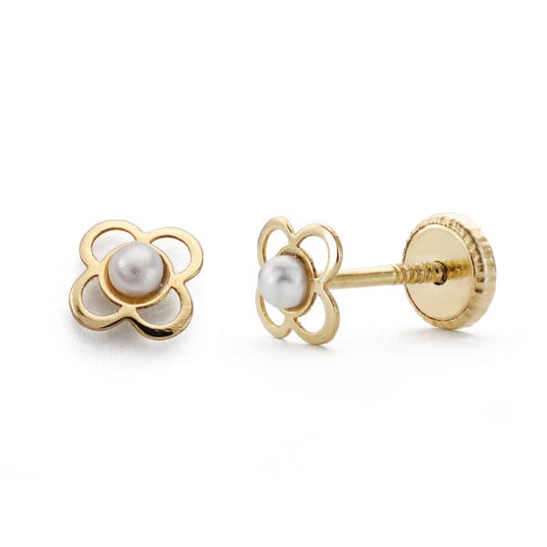 18K PENDIENTES ORO AMARILLO TREBOL 5 MM PERLA 2 MMROSCA
