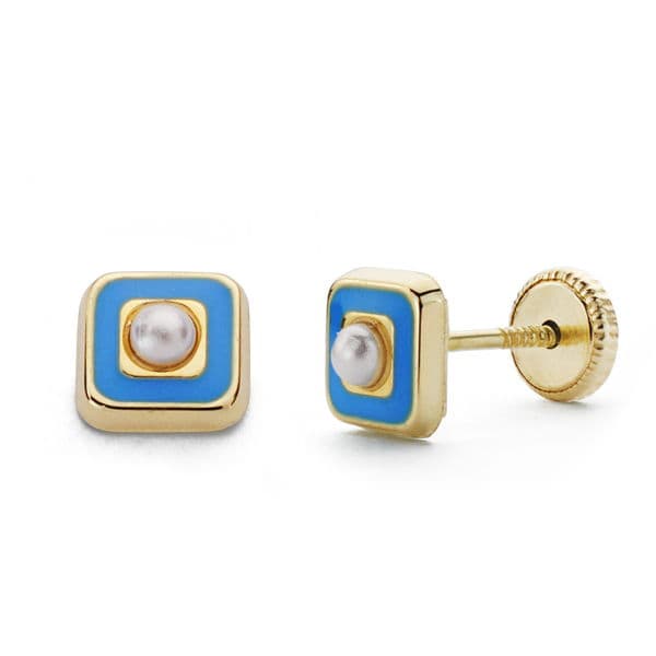 18K PENDIENTES ORO AMARILLO PERLA Y ESMALTE AZUL 5 MM