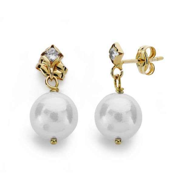 18K PENDIENTES LARGOS ORO AMARILLO PERLA CIRCONITA 17X8 MM