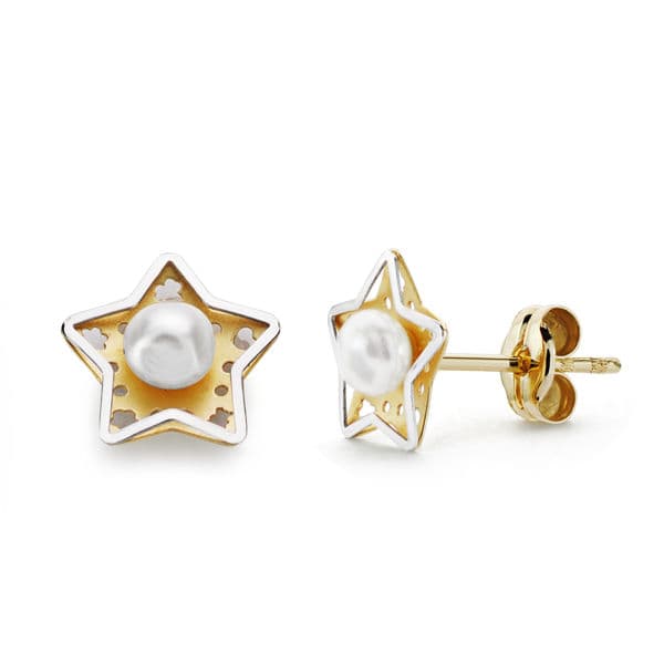 18K PENDIENTES ORO AMARILLO ESTRELLA Y PERLA 8X8 MM