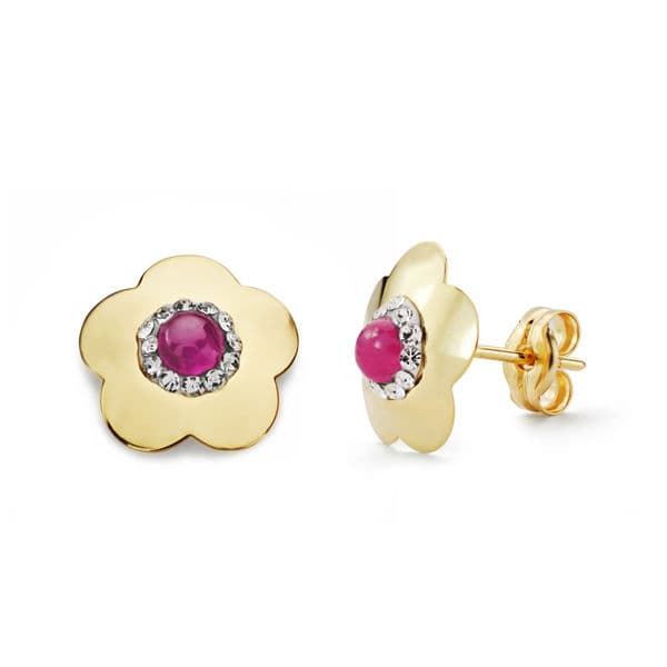 18K PENDIENTES FLOR RUBI. 9X9 MM