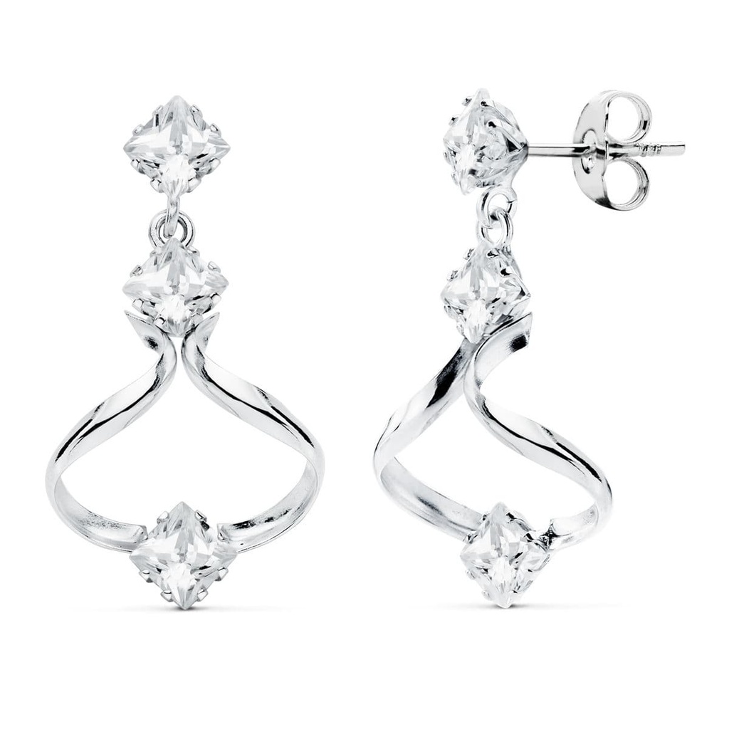 18K PENDIENTES LARGOS ORO BLANCO CIRCONITAS PRESION