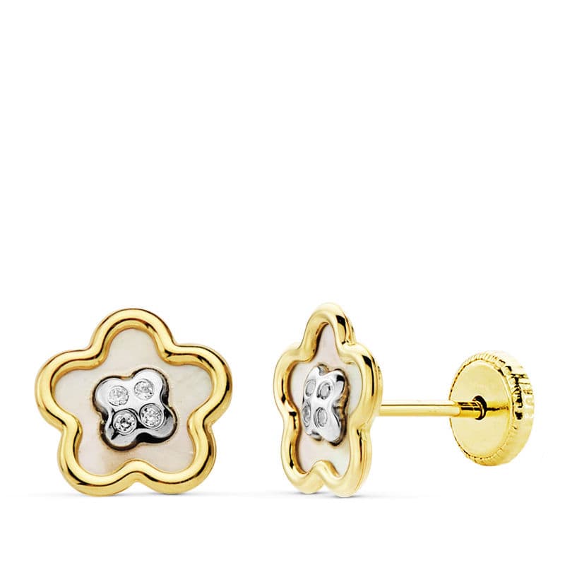 18K PENDIENTES ORO BICOLOR FLOR NACAR 8 MM