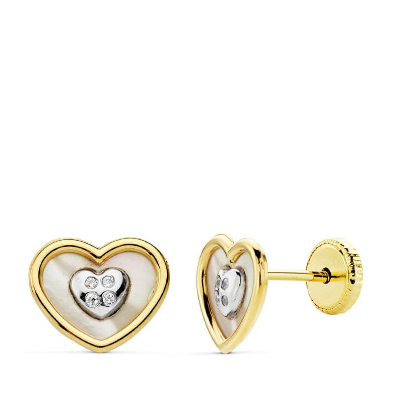 18K PENDIENTES ORO BICOLOR CORAZON NACAR