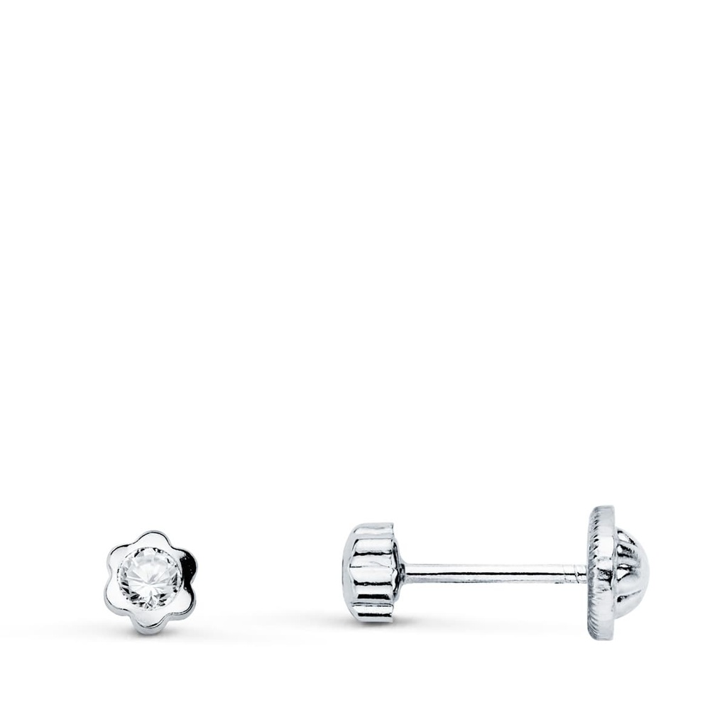18K PENDIENTES ORO BLANCO FLOR CON CIRCONITA 3.5X3.5 MM CIERRE ROSCA