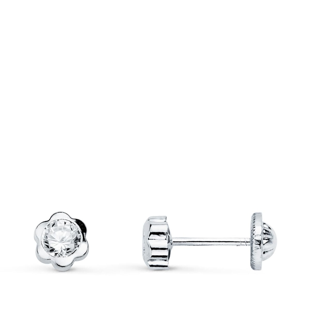 18K PENDIENTES ORO BLANCO FLOR CON CIRCONITA 5X5 MM CIERRE ROSCA