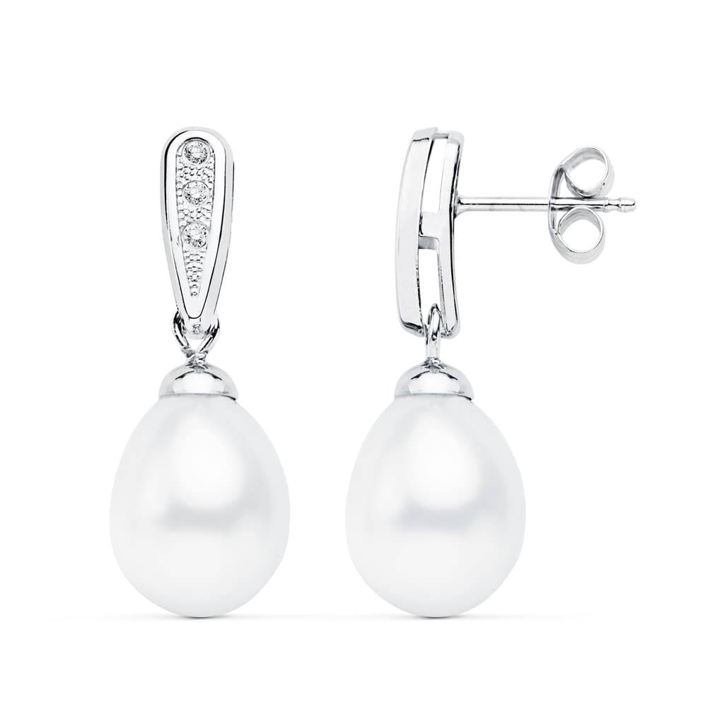 18K PENDIENTES ORO BLANCO DE NOVIA CON PERLA 24X9 MM CIERRE PRESION