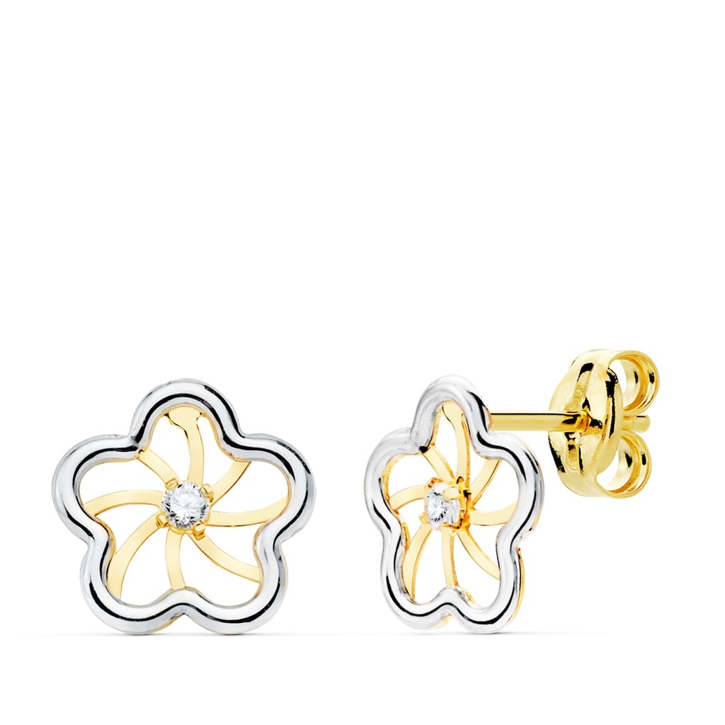 18K PENDIENTES ORO BICOLOR FLOR Y CIRCONITAS 8X8 MM