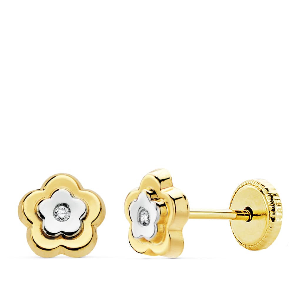 18K PENDIENTES FLOR ORO BICOLOR 6X6 MM