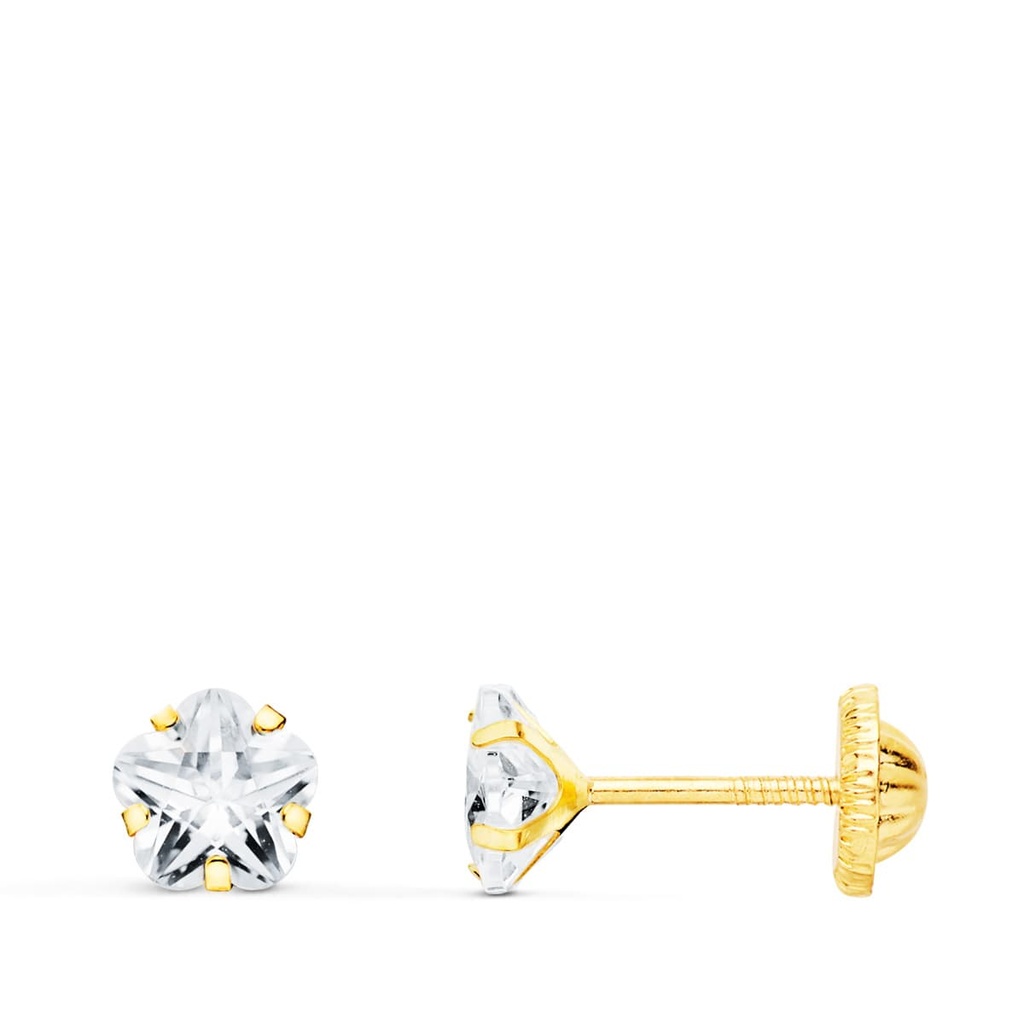 18K PENDIENTES ORO AMARILLO CIRCONITA FLOR 5X5 MM CIERRE ROSCA
