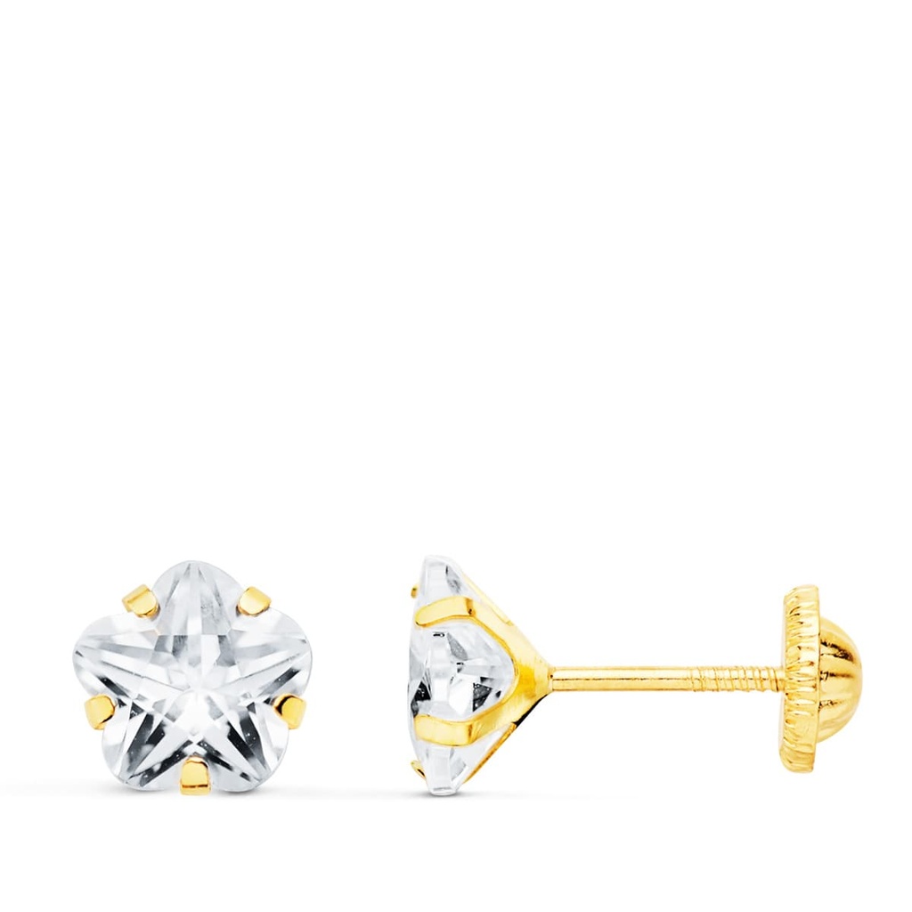 18K PENDIENTES ORO AMARILLO CIRCONITA FLOR 6X6 MM CIERRE ROSCA